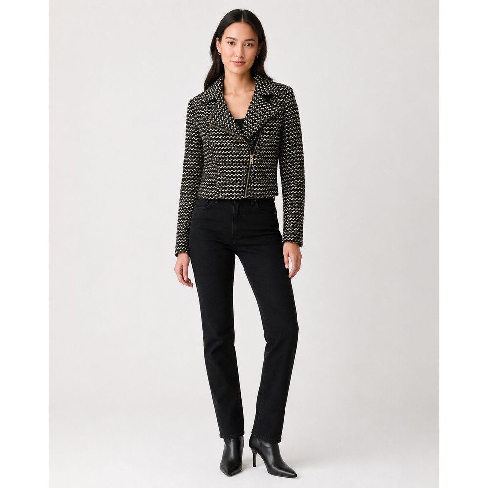 WHBM Sequin Tweed Moto Jacket Black Ecru Gold Size 6 NWT